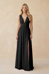 V - Neck A - Line Chiffon Ruched Bridesmaid Dress in Black - KISS BRIDAL Bridesmaid Dresses