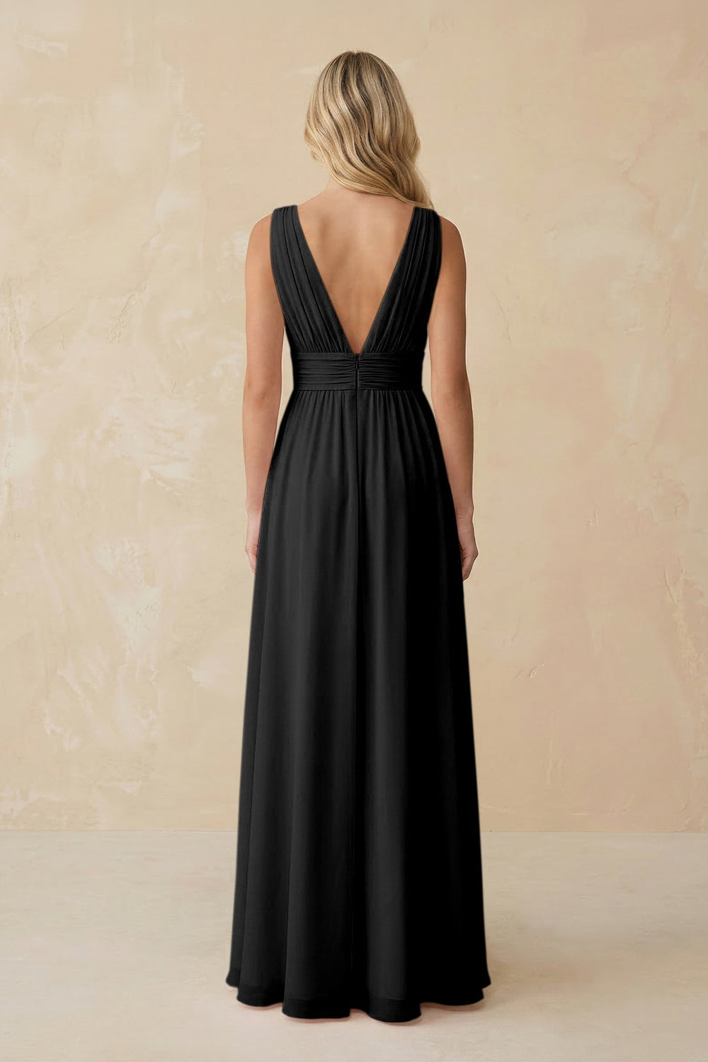 V - Neck A - Line Chiffon Ruched Bridesmaid Dress in Black - KISS BRIDAL Bridesmaid Dresses