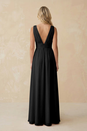 V - Neck A - Line Chiffon Ruched Bridesmaid Dress in Black - SHE IS ME Bridesmaid Dresses