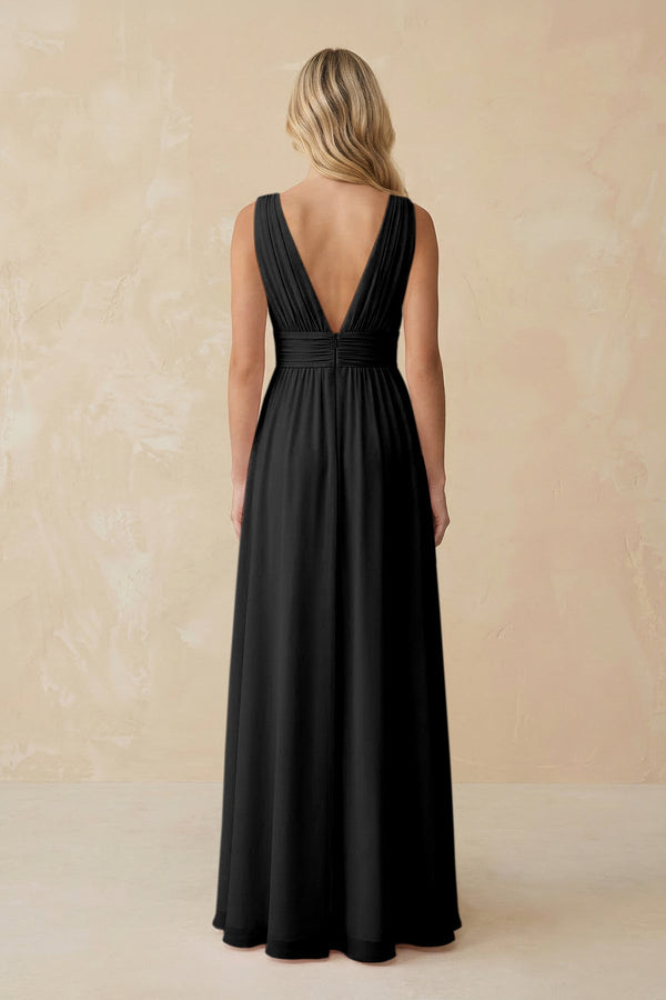 V - Neck A - Line Chiffon Ruched Bridesmaid Dress in Black - SHE IS ME Bridesmaid Dresses