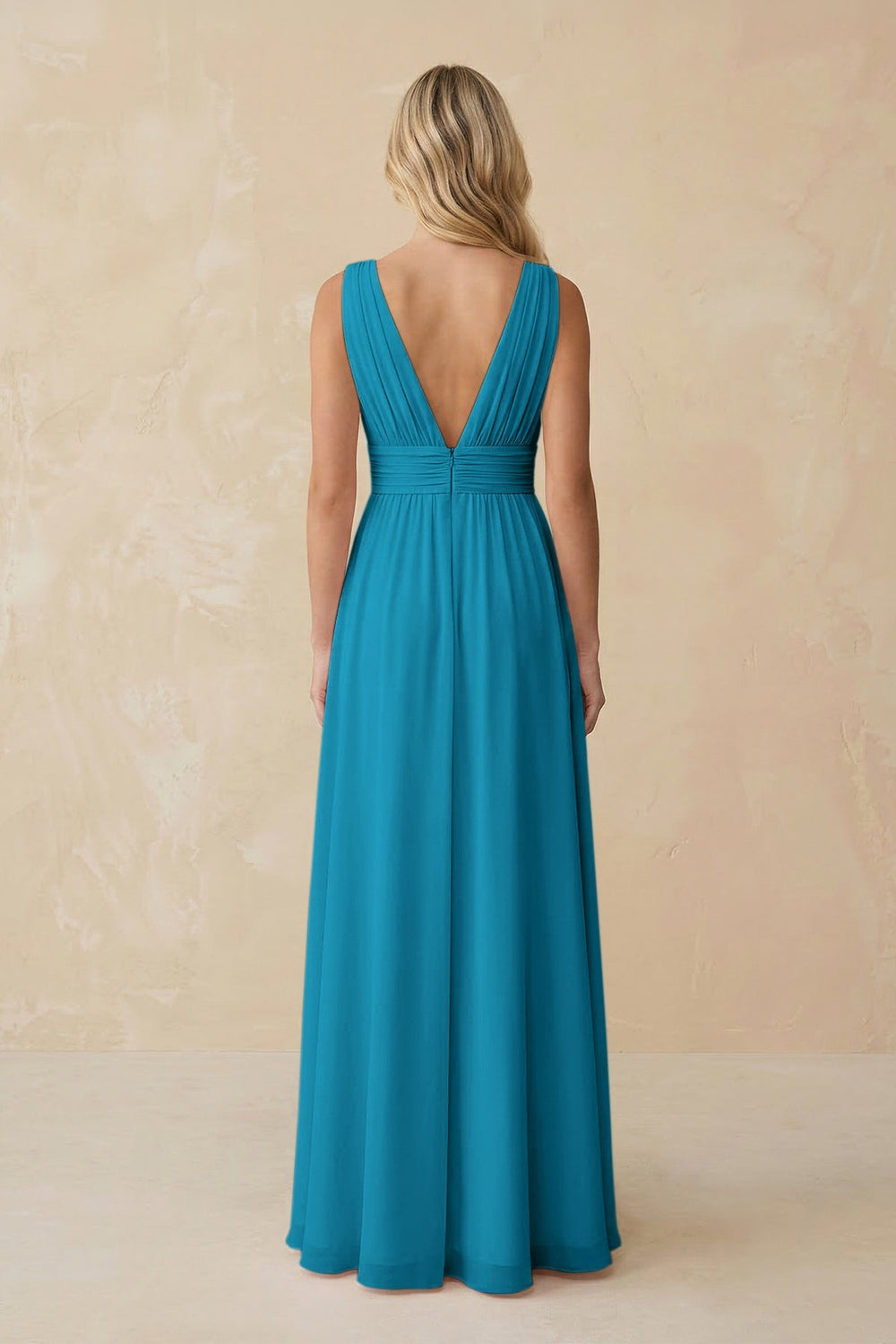 V - Neck A - Line Chiffon Ruched Bridesmaid Dress in Blue Jay - KISS BRIDAL Bridesmaid Dresses