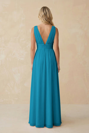 V - Neck A - Line Chiffon Ruched Bridesmaid Dress in Blue Jay - SHE IS ME Bridesmaid Dresses