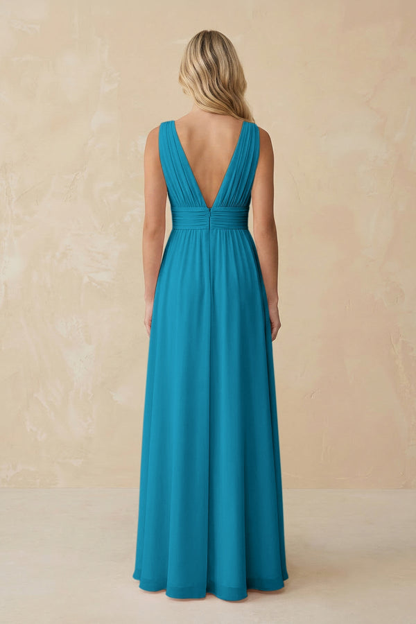 V - Neck A - Line Chiffon Ruched Bridesmaid Dress in Blue Jay - SHE IS ME Bridesmaid Dresses