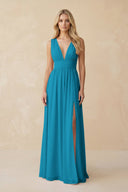 V - Neck A - Line Chiffon Ruched Bridesmaid Dress in Blue Jay - SHE IS ME Bridesmaid Dresses