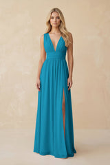 V - Neck A - Line Chiffon Ruched Bridesmaid Dress in Blue Jay - KISS BRIDAL Bridesmaid Dresses