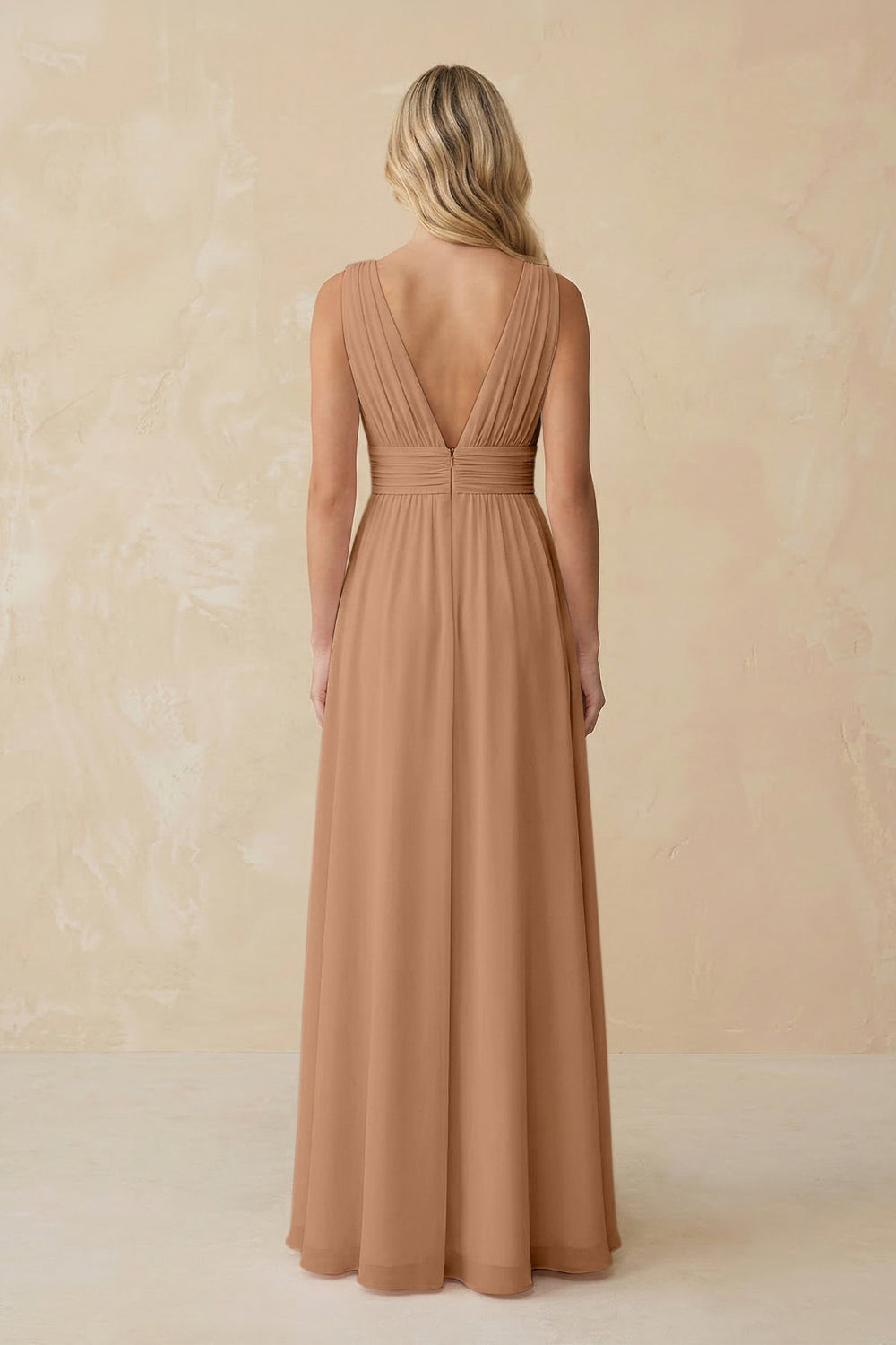 V - Neck A - Line Chiffon Ruched Bridesmaid Dress in Bronzer - KISS BRIDAL Bridesmaid Dresses