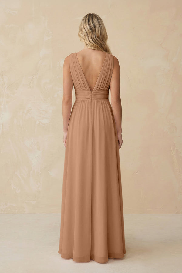 V - Neck A - Line Chiffon Ruched Bridesmaid Dress in Bronzer - SHE IS ME Bridesmaid Dresses