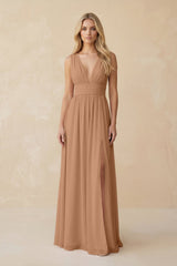 V - Neck A - Line Chiffon Ruched Bridesmaid Dress in Bronzer - KISS BRIDAL Bridesmaid Dresses