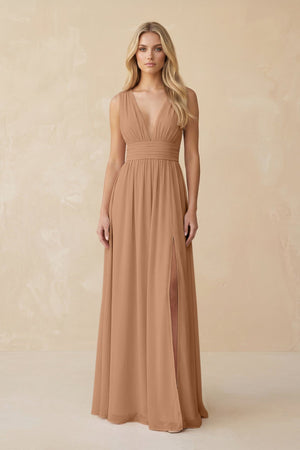 V - Neck A - Line Chiffon Ruched Bridesmaid Dress in Bronzer - SHE IS ME Bridesmaid Dresses
