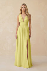 V - Neck A - Line Chiffon Ruched Bridesmaid Dress in Buttercup - KISS BRIDAL Bridesmaid Dresses