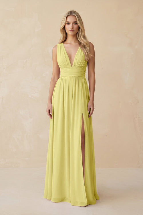 V - Neck A - Line Chiffon Ruched Bridesmaid Dress in Buttercup - SHE IS ME Bridesmaid Dresses