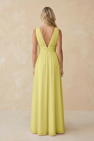 V - Neck A - Line Chiffon Ruched Bridesmaid Dress in Buttercup - SHE IS ME Bridesmaid Dresses