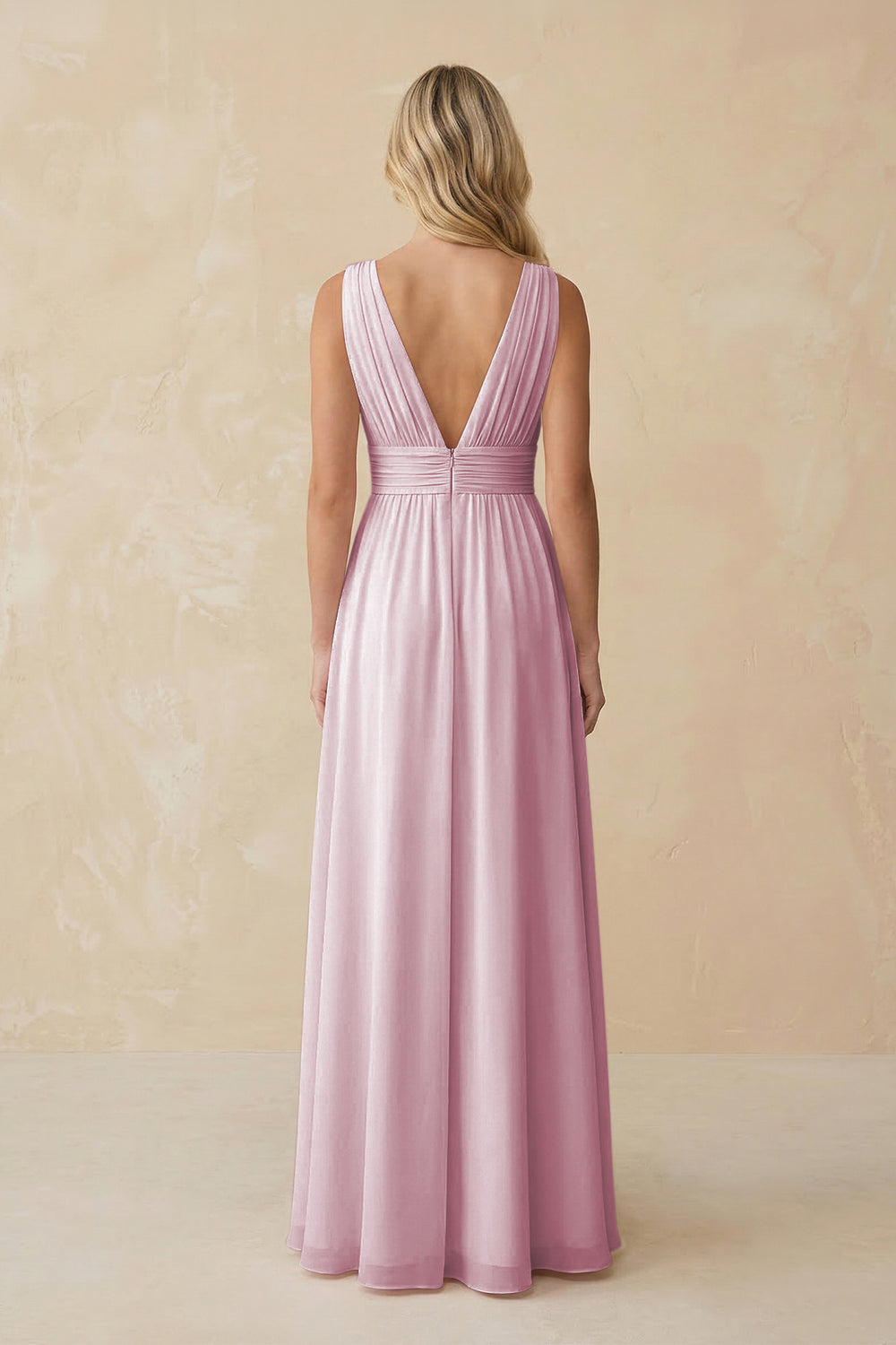 V-Neck A-Line Chiffon Ruched Bridesmaid Dress in Candy Pink