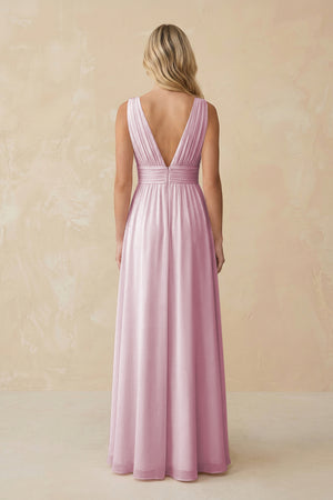 V-Neck A-Line Chiffon Ruched Bridesmaid Dress in Candy Pink (2) | KISSBRIDAL