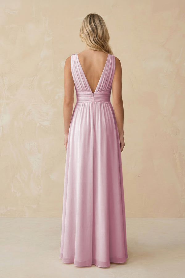 V-Neck A-Line Chiffon Ruched Bridesmaid Dress in Candy Pink (2) | KISSBRIDAL