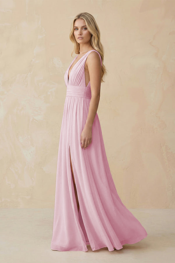 V-Neck A-Line Chiffon Ruched Bridesmaid Dress in Candy Pink (3) | KISSBRIDAL