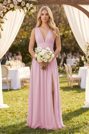 V-Neck A-Line Chiffon Ruched Bridesmaid Dress in Candy Pink (4) | KISSBRIDAL
