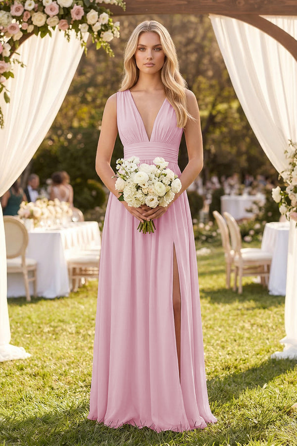 V-Neck A-Line Chiffon Ruched Bridesmaid Dress in Candy Pink (4) | KISSBRIDAL