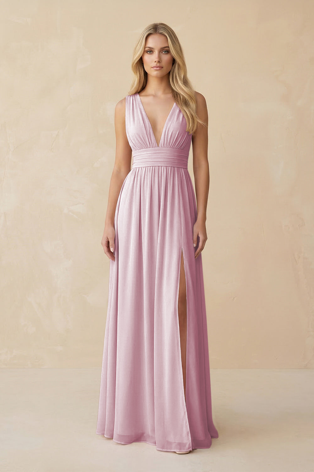 V-Neck A-Line Chiffon Ruched Bridesmaid Dress in Candy Pink
