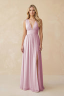 V-Neck A-Line Chiffon Ruched Bridesmaid Dress in Candy Pink | KISSBRIDAL