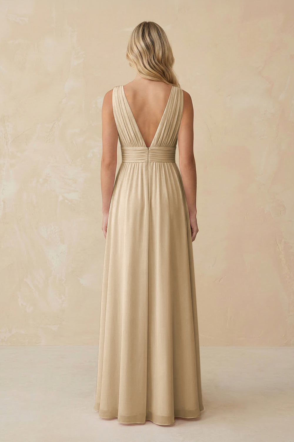 V-Neck A-Line Chiffon Ruched Bridesmaid Dress in Champagne