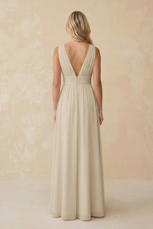 V - Neck A - Line Chiffon Ruched Bridesmaid Dress in Champagne - SHE IS ME Bridesmaid Dresses