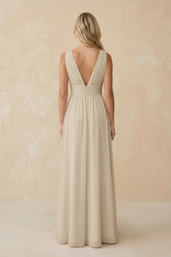 V - Neck A - Line Chiffon Ruched Bridesmaid Dress in Champagne - SHE IS ME Bridesmaid Dresses