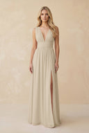 V - Neck A - Line Chiffon Ruched Bridesmaid Dress in Champagne - SHE IS ME Bridesmaid Dresses