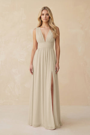 V - Neck A - Line Chiffon Ruched Bridesmaid Dress in Champagne - SHE IS ME Bridesmaid Dresses