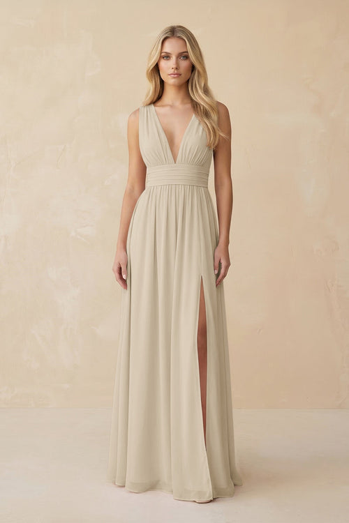 V - Neck A - Line Chiffon Ruched Bridesmaid Dress in Champagne - SHE IS ME Bridesmaid Dresses