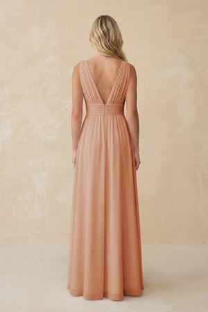V - Neck A - Line Chiffon Ruched Bridesmaid Dress in Champagne Rose - SHE IS ME Bridesmaid Dresses
