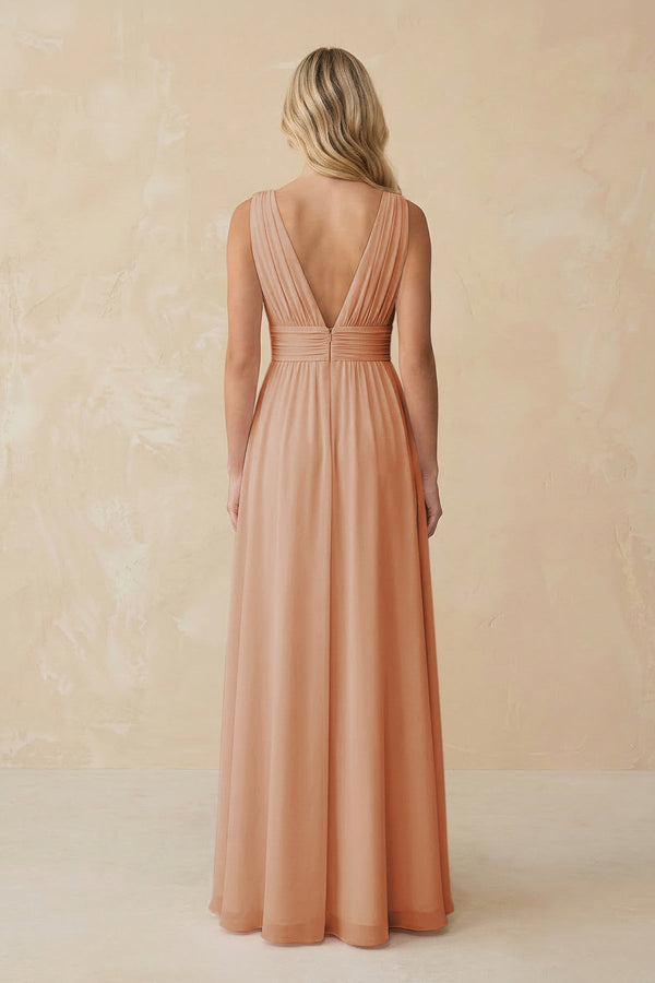 V - Neck A - Line Chiffon Ruched Bridesmaid Dress in Champagne Rose - SHE IS ME Bridesmaid Dresses