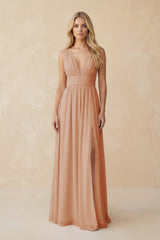 V - Neck A - Line Chiffon Ruched Bridesmaid Dress in Champagne Rose - KISS BRIDAL Bridesmaid Dresses