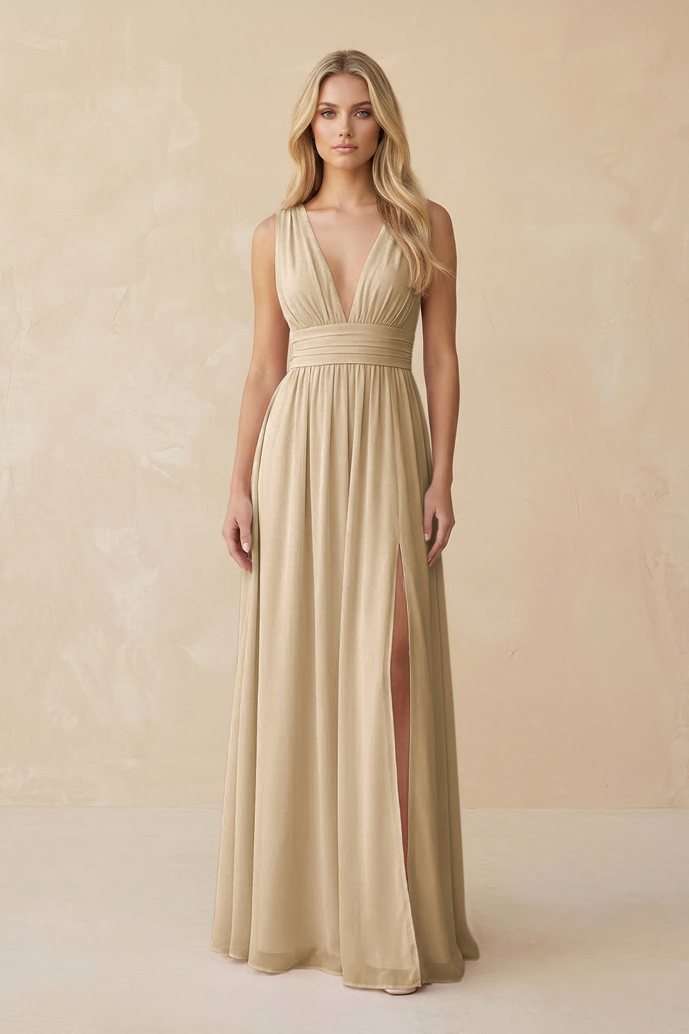 V-Neck A-Line Chiffon Ruched Bridesmaid Dress in Champagne