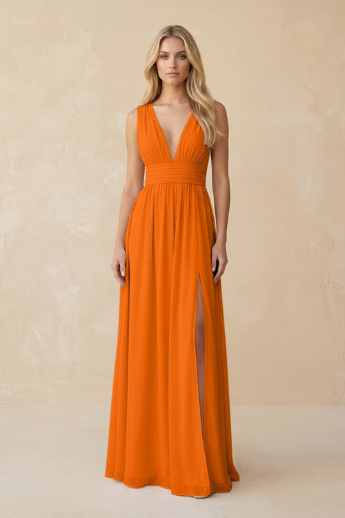 V - Neck A - Line Chiffon Ruched Bridesmaid Dress in Cinnamon - SHE IS ME Bridesmaid Dresses