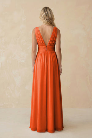 V-Neck A-Line Chiffon Ruched Bridesmaid Dress in Cinnamon (2) | KISSBRIDAL