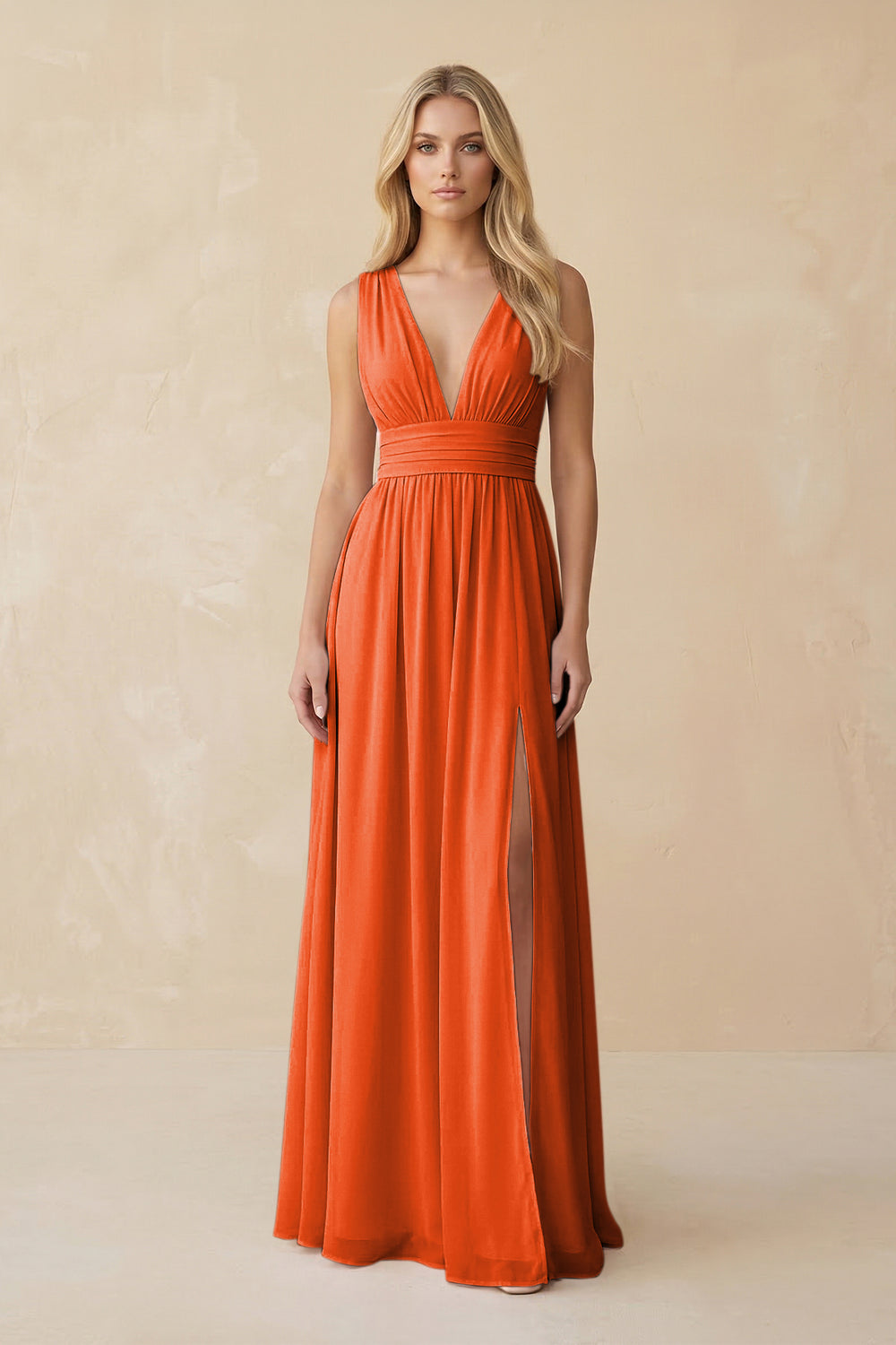 V-Neck A-Line Chiffon Ruched Bridesmaid Dress in Cinnamon