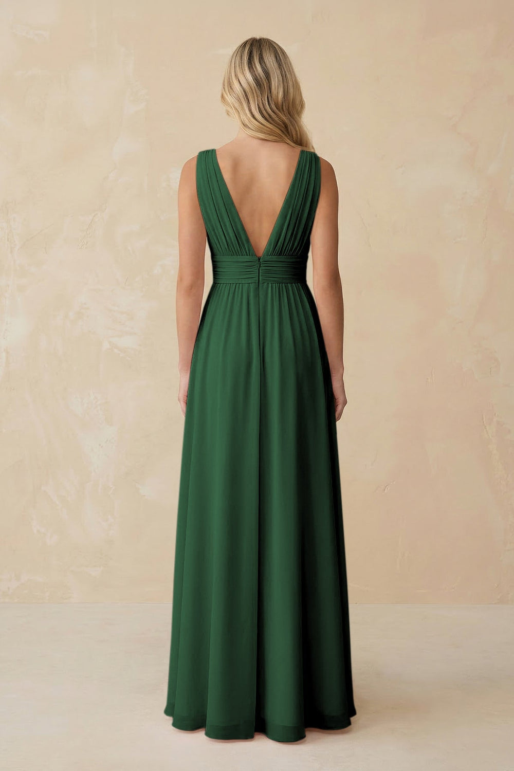 V - Neck A - Line Chiffon Ruched Bridesmaid Dress in Dark Green - KISS BRIDAL Bridesmaid Dresses