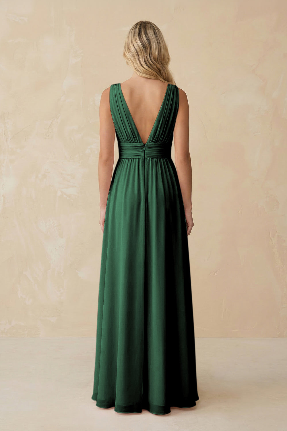 V-Neck A-Line Chiffon Ruched Bridesmaid Dress in Dark Green