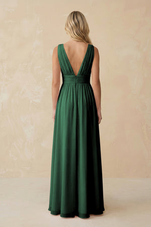 V-Neck A-Line Chiffon Ruched Bridesmaid Dress in Dark Green (2) | KISSBRIDAL
