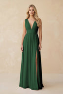 V - Neck A - Line Chiffon Ruched Bridesmaid Dress in Dark Green - SHE IS ME Bridesmaid Dresses