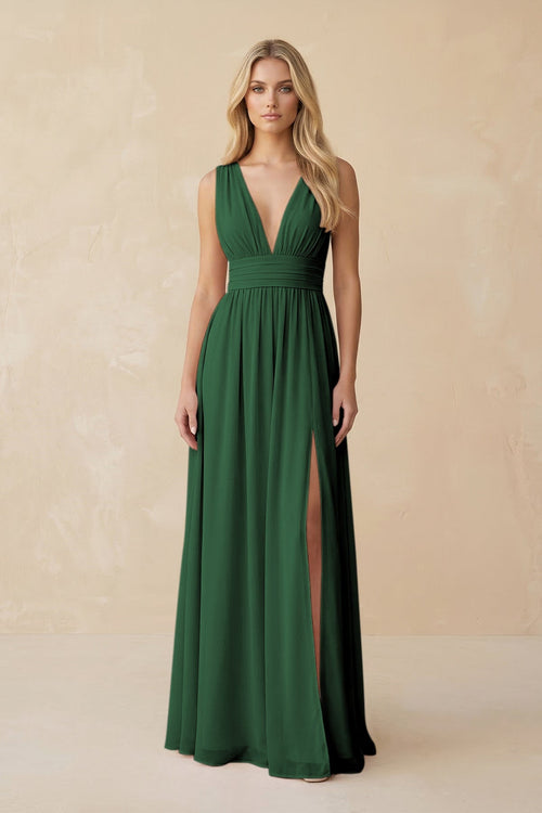 V - Neck A - Line Chiffon Ruched Bridesmaid Dress in Dark Green - SHE IS ME Bridesmaid Dresses