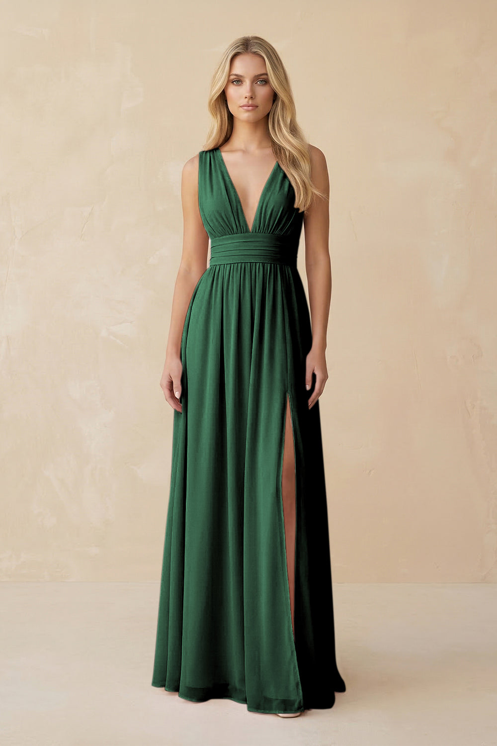 V-Neck A-Line Chiffon Ruched Bridesmaid Dress in Dark Green