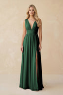 V-Neck A-Line Chiffon Ruched Bridesmaid Dress in Dark Green | KISSBRIDAL
