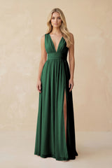 V-Neck A-Line Chiffon Ruched Bridesmaid Dress in Dark Green | KISSBRIDAL