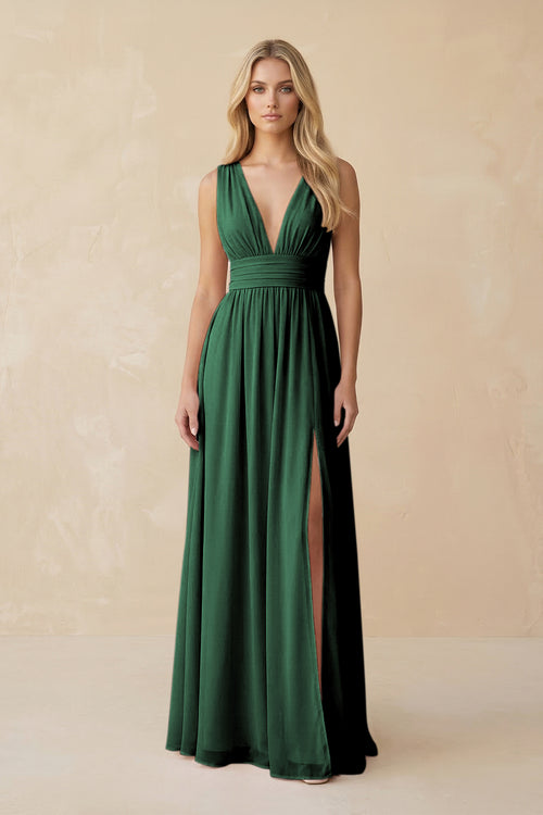 V-Neck A-Line Chiffon Ruched Bridesmaid Dress in Dark Green | KISSBRIDAL