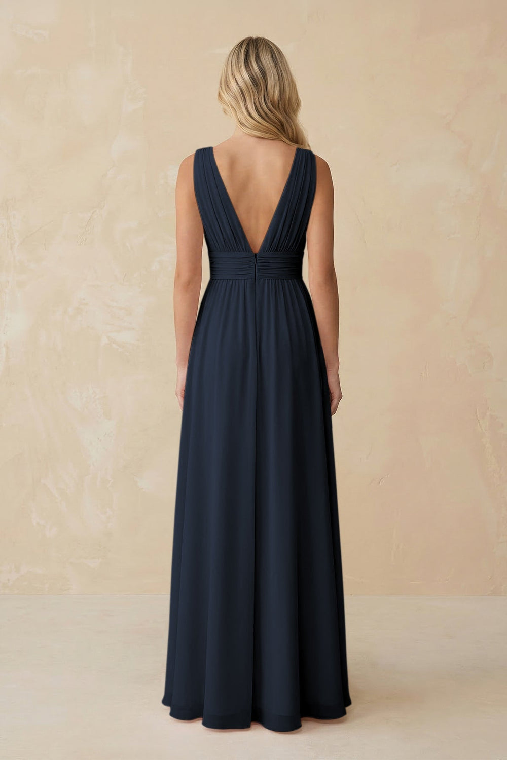 V - Neck A - Line Chiffon Ruched Bridesmaid Dress in Dark Navy - KISS BRIDAL Bridesmaid Dresses