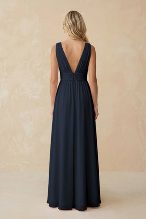 V - Neck A - Line Chiffon Ruched Bridesmaid Dress in Dark Navy - SHE IS ME Bridesmaid Dresses
