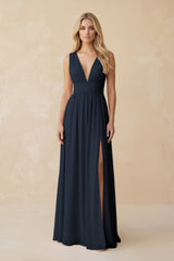 V - Neck A - Line Chiffon Ruched Bridesmaid Dress in Dark Navy - KISS BRIDAL Bridesmaid Dresses