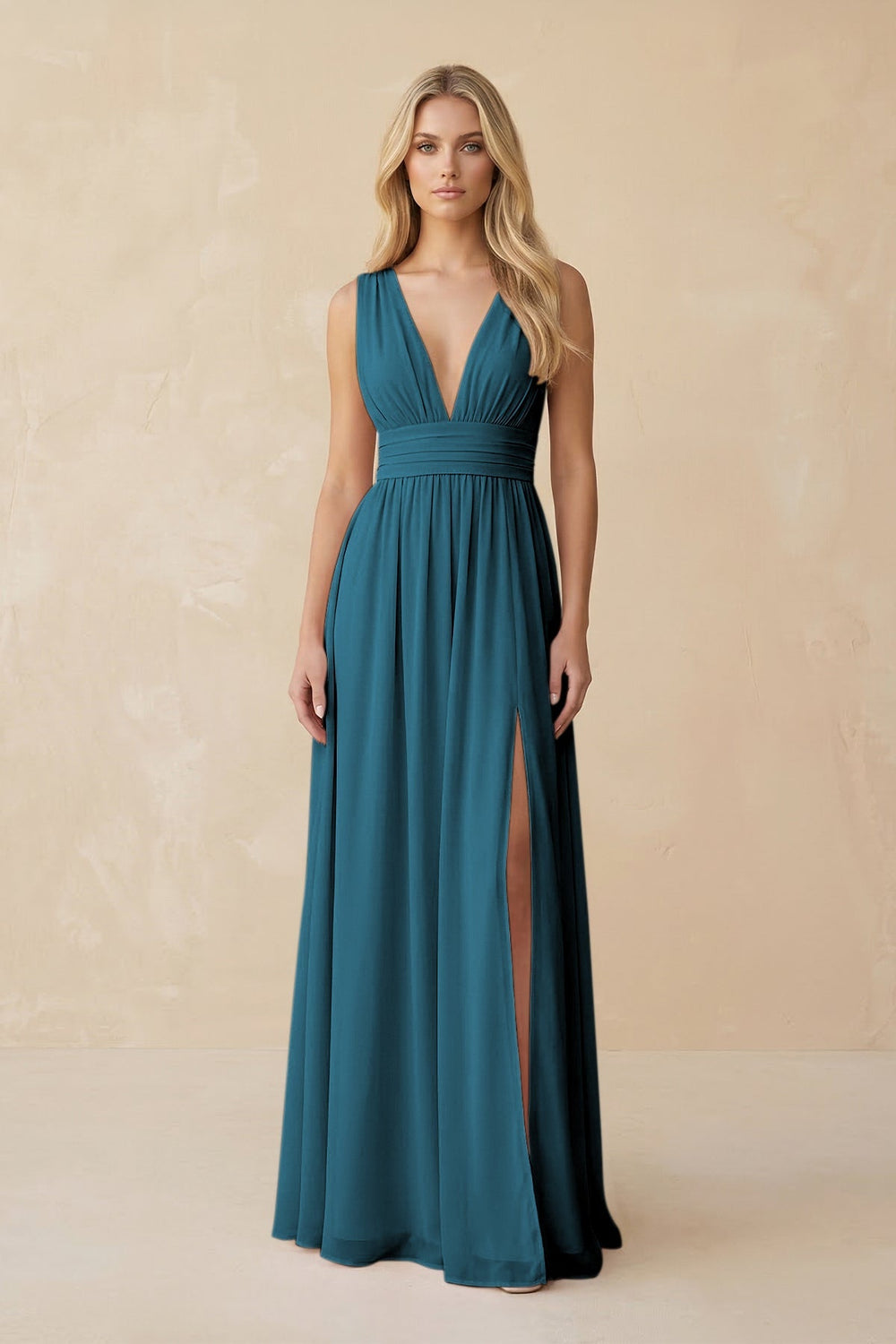 V - Neck A - Line Chiffon Ruched Bridesmaid Dress in Dark Teal - KISS BRIDAL Bridesmaid Dresses